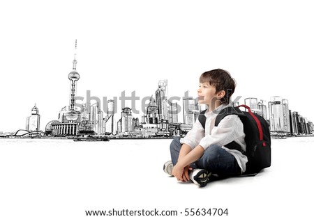 Smiling child with rucksack sitting with cityscape on the background