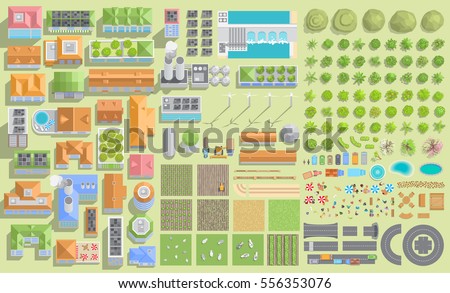 Set of landscape elements. Green city and farm. (View from above) Trees, houses, buildings, road, solar panels, wind turbines, agricultural fields. (Top view)  Royalty-Free Stock Photo #556353076