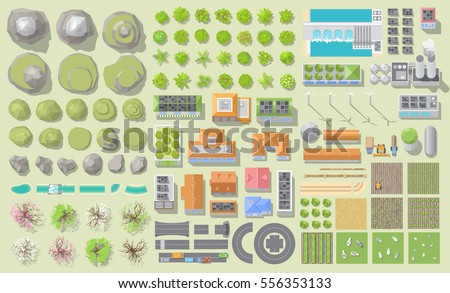 Set of landscape elements. Green city and farm. (View from above)
Mountains, hills, trees, houses, buildings, road, solar panels, wind turbines, agricultural fields. (Top view)  Royalty-Free Stock Photo #556353133