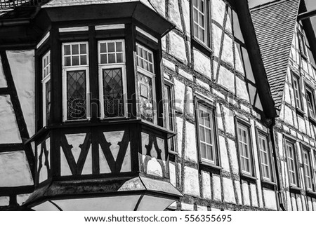 half-timbered house, full picture of half-timbered houses, Bavarian heritage, old, classic houses in germany, old town, danube area, timbered house, tuttlingen area, black and white picture, 