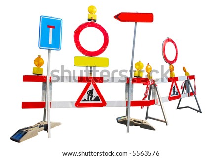 under construction roadblock signs isolated on white background