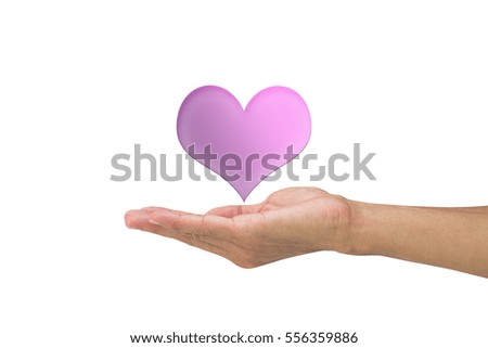 Man's hand holding pink heart on white background