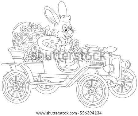 Easter Bunny driving his retro car with a big Easter egg and gifts