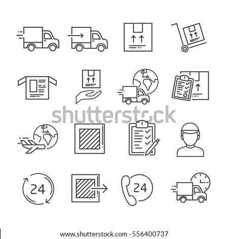 Set of delivery and logistics Related Vector Line Icons. Includes such Icons as logistics, shipping, cargo, truck, parcel, courier, shipping, aircraft transportation, invoice Royalty-Free Stock Photo #556400737