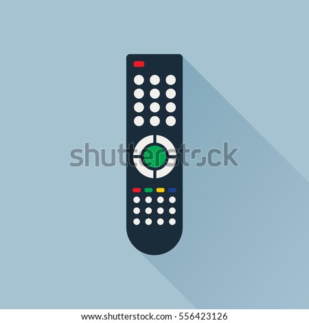 Remote control for TV or media center. Flat icon with long shadow effect. Infrared controller symbol. Vector eps8 illustration. Royalty-Free Stock Photo #556423126