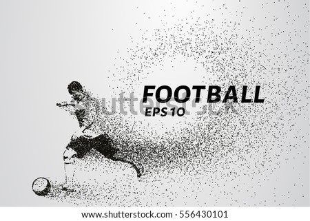 Football of the particles carries in the wind. Silhouette of a football player from circles