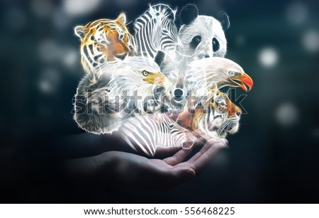 Person holding in his hand fractal endangered animal illustration 3D rendering Royalty-Free Stock Photo #556468225