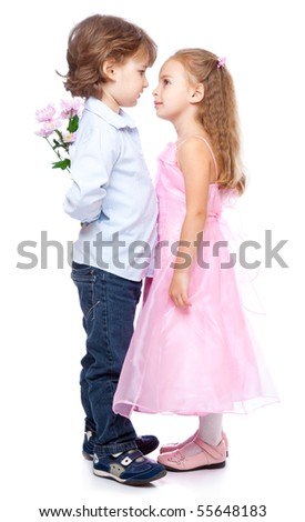 Little boy and girl in love. Isolated on white background