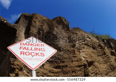 Danger Falling Rocks Sign by Cliff from Honolulu Hawaii Department of Parks and Recreation 