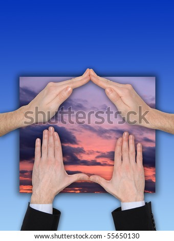 Hand Home Gesture on the blue Sky