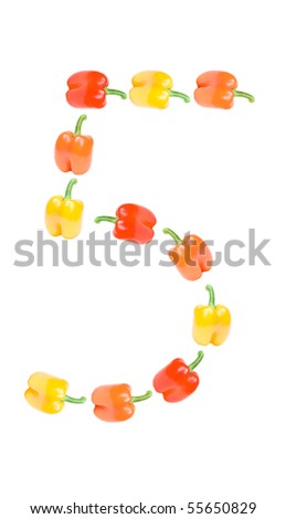 Five sign made of paprika isolated on white background