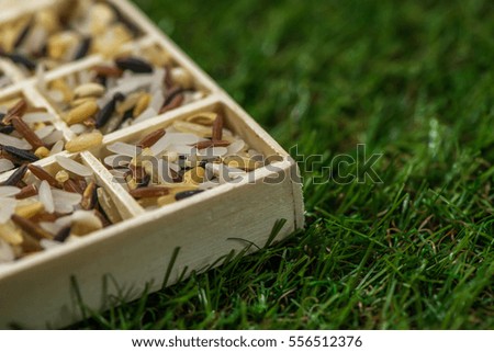 Variety of healthy grains and seeds in a wooden box mostly gluten free with rice