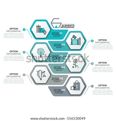 Creative infographic design template with 6 hexagonal elements, arrows and text boxes. Six steps of business project development concept. Vector illustration for brochure, report, corporate website.