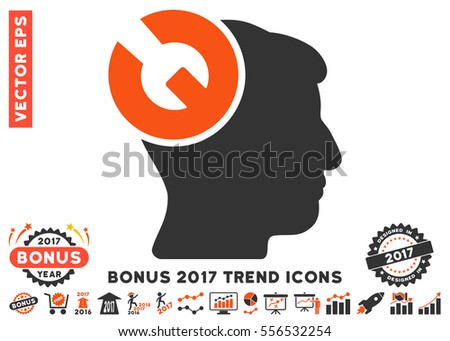 Orange And Gray Head Surgery Wrench icon with bonus 2017 trend clip art. Vector illustration style is flat iconic bicolor symbols, white background.