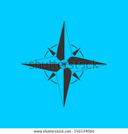 Compass, windrose icon flat. Simple vector black pictogram on blue background