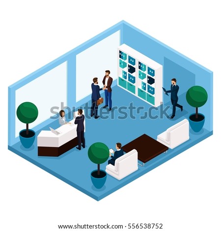 Trend isometric people, a room communicating room front view, a large office room, reception, office workers, businessmen and business woman in suits isolated on a light background. Vector illustratio