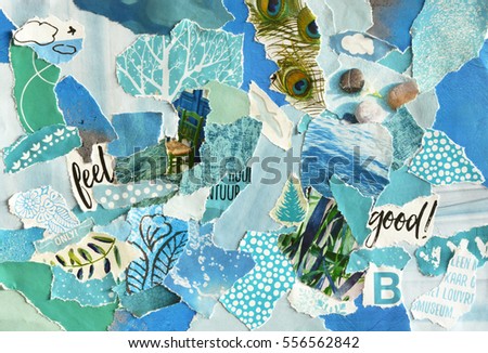 Creative Atmosphere art mood board collage sheet in color idea  blue ,green, aqua and turquoise made of teared magazines and printed matter paper with colors and textures