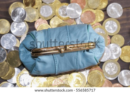 Purse for coins. Leather purse is on top of the coins.