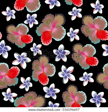 Vector hibiscus flower seamless pattern in pink, violet and neutral colors on a black background.