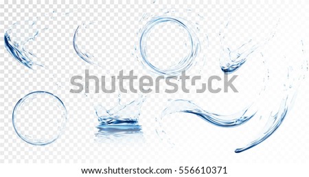 Set of transparent water splashes, water drops and crown from falling into the water in light blue colors, isolated on transparent background. Transparency only in vector file Royalty-Free Stock Photo #556610371