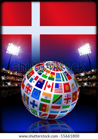 Flag Globe on Denmark Stadium Soccer Match Original Illustration