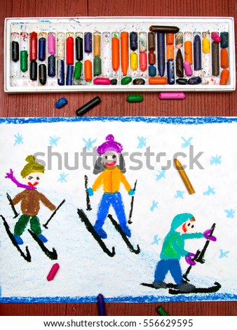 Colorful drawing: Kids learning to ski