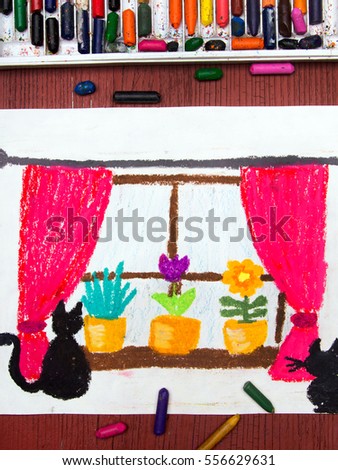 Colorful drawing: Window with window curtains, beautiful flowers and cats.
