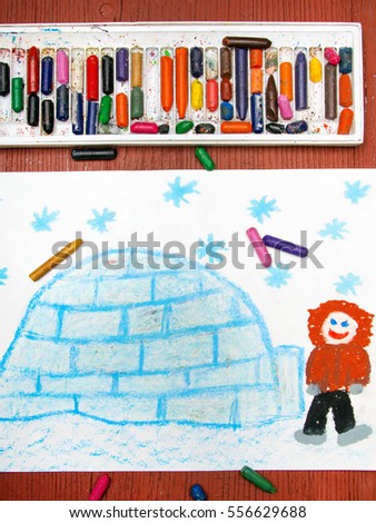 Colorful drawing: Eskimo with his igloo