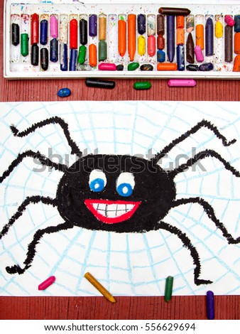 Colorful drawing: Black happy spider and spider's web