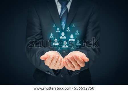 Customer care, care for employees, human resources, employment agency and marketing segmentation concepts. Leader manage his team. Central composition. Royalty-Free Stock Photo #556632958