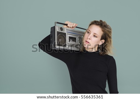 Caucasian Lady Holding Jukebox Neutral