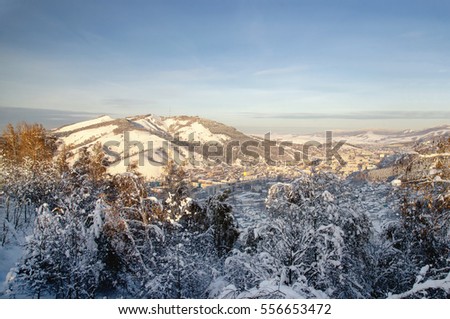 Winter mountain valley with Gorno-Altaisk village and frozen rime  trees in the foreground with ranges of snow hills on the background under blue sky Altai Mountains Siberia Russia