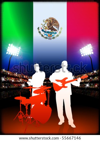 Mexico Live Music Band on Stadium Concert Background with Flag Original Illustration