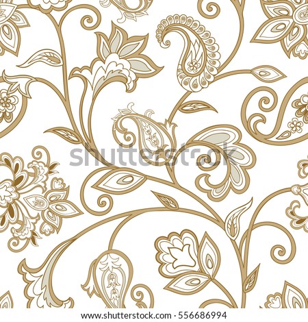 Floral pattern. Flourish tiled oriental ethnic background. Arabic ornament with fantastic flowers and leaves. Wonderland motives of the paintings of ancient Indian fabric patterns. Royalty-Free Stock Photo #556686994