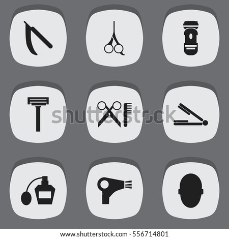 Set Of 9 Editable Hairdresser Icons. Includes Symbols Such As Scent, Brains, Shaver And More. Can Be Used For Web, Mobile, UI And Infographic Design.