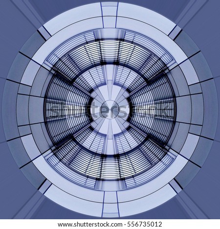 Transparent domed ceiling of steel and glass. Grid structure. Modern architecture in metallic colors. Reworked photo of public or office building interior fragment. Industry or technology motif.