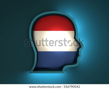 Abstract illustration of head silhouette with Netherlands national flag inside. 3D rendering. Neon light