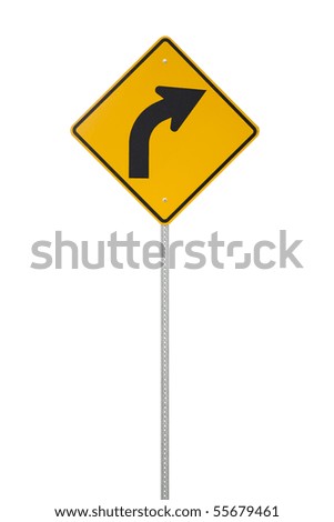 A yellow right turn road sign