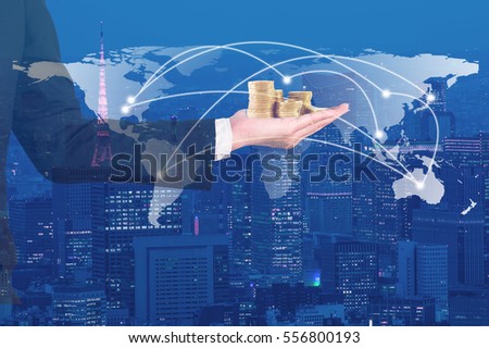 Double exposure businessman on global map and capital city and business trading background with network connection. Elements of this image furnished by NASA