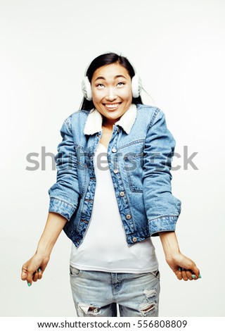 young pretty asian woman posing cheerful emotional isolated on white background, lifestyle people concept
