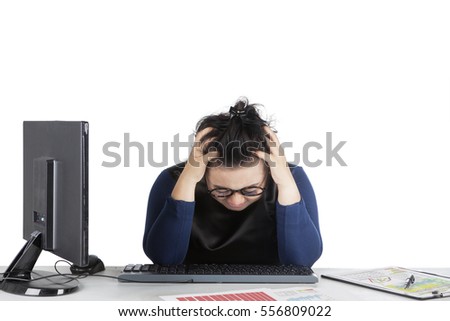Picture of young businesswoman feeling dizzy with financial crisis, isolated on white background 
