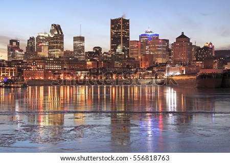Montreal skyline at dusk in winter, Canada