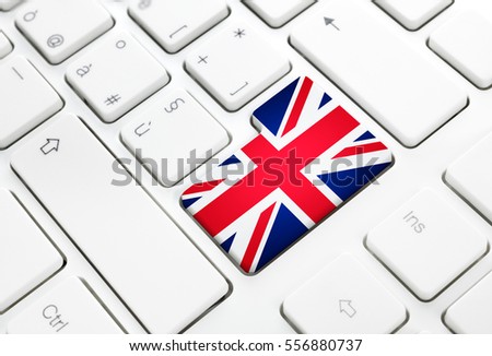 English language or UK web concept. United Kingdom flag enter button or key on white keyboard