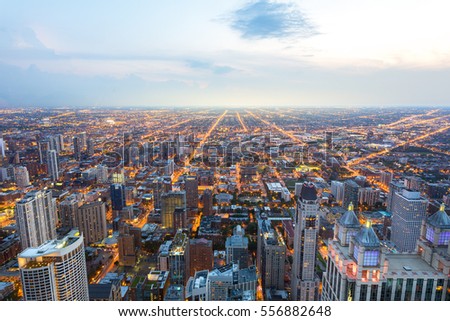 Aerial view of Chicago downtown at sunset