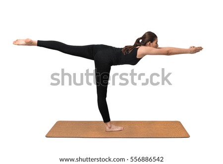 Yoga pose, young woman exercise on cork yoga mat on white background