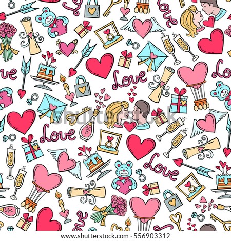 Vector pattern with hand drawn colored symbols of Valentine's Day. Seamless pattern on the theme of love, feelings, relationships, wedding. Background for use in design