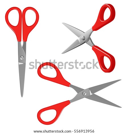 Scissors with red plastic handles, open and closed, on a white background.