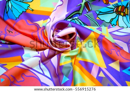 Photo silk fabric. Silk scarf with bright abstract print. Textile Design