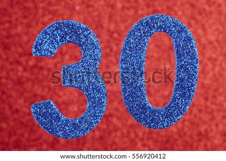 Number thirty blue color over a red background. Anniversary. Horizontal
