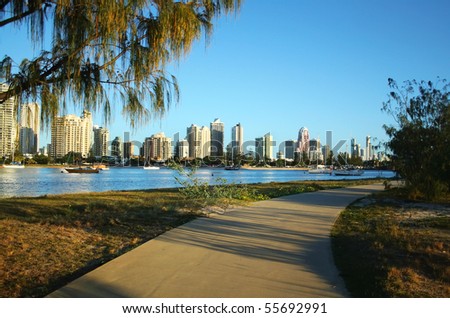 View across the Nerang River to Main Beach and Surfers Paradise on the Gold Coast Australia. Royalty-Free Stock Photo #55692991